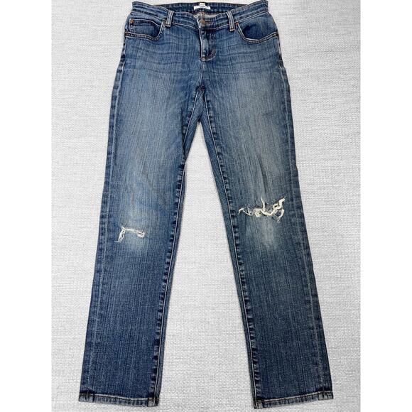 Eileen Fisher Ripped Blue Jeans Organic Cotton Mid-Rise Straight Whiskering Sz 0 - Picture 2 of 13